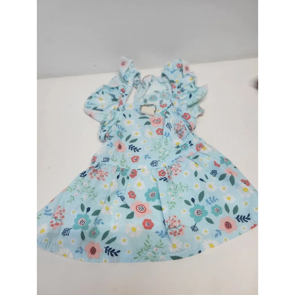 Dog or cat Blue Floral Dress Ruffle Sleeves‎ Skirt Pet apparel Small